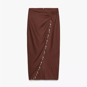 NWT Zara Brown Linen Midi Skirt with Beaded Shell Detail